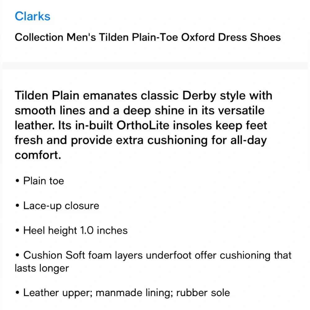 Clarks Men’s Tilden Plain-Toe Oxfords Dress Shoes- Size 7